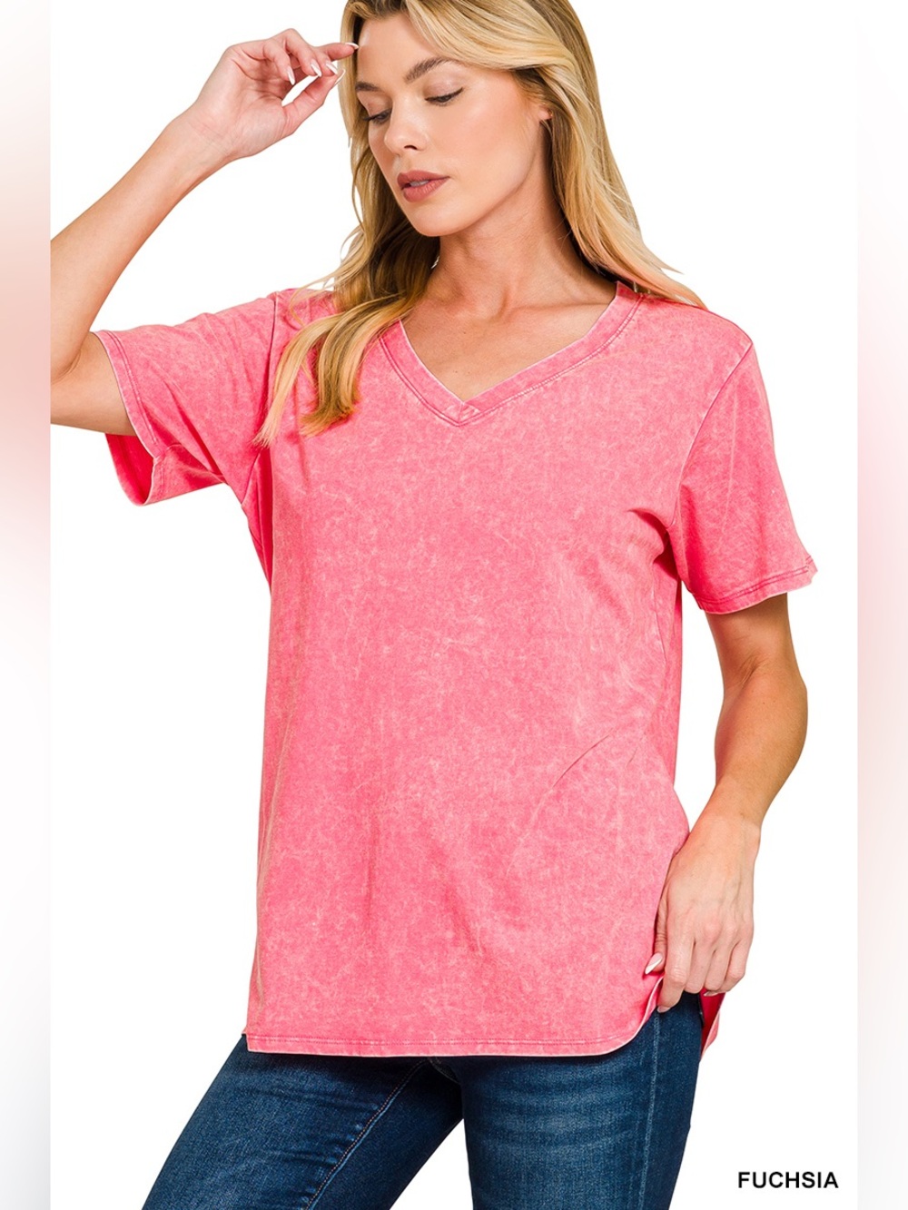 Zenana WASHED SHORT SLEEVE V-NECK TOP
